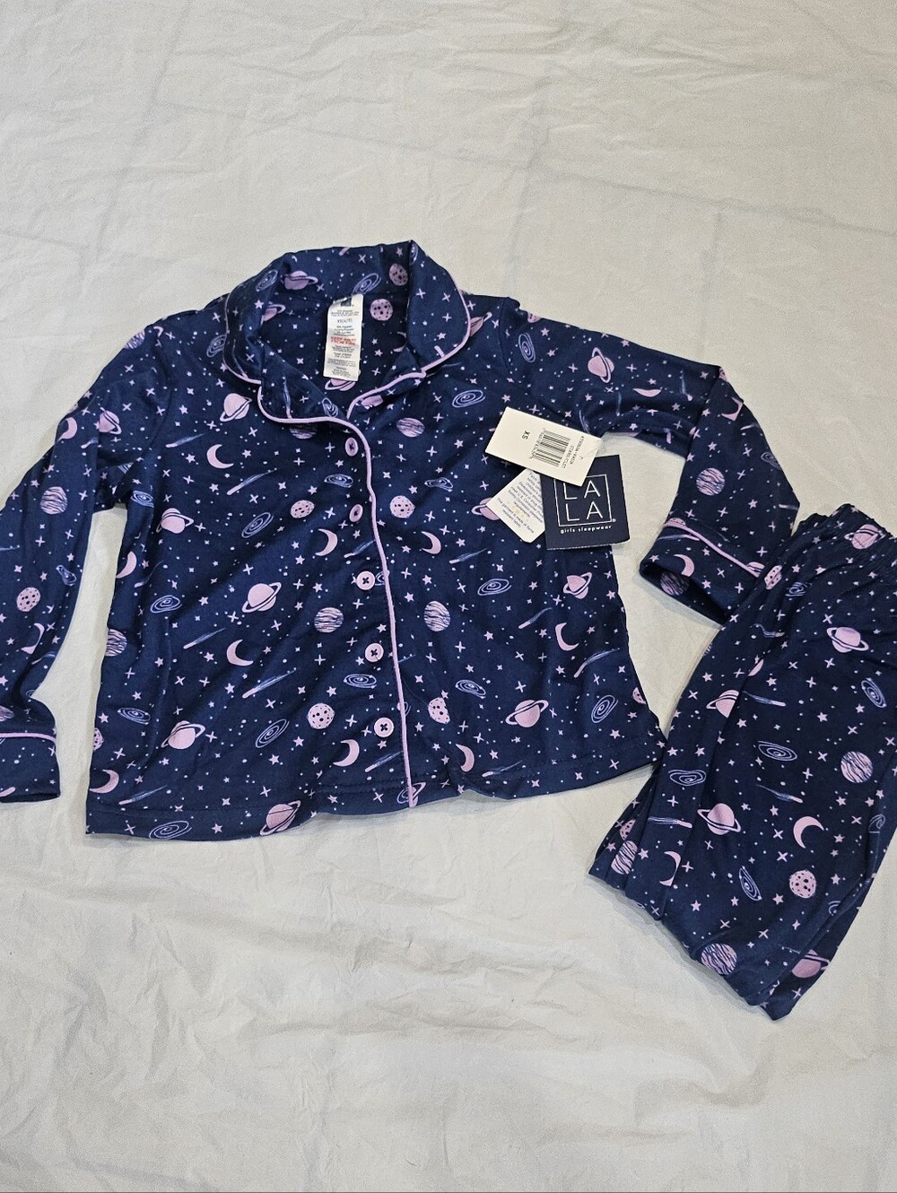 NWT Girls Navy Space Print Pajama Set with Pink Accents. Sz ( 4-5)